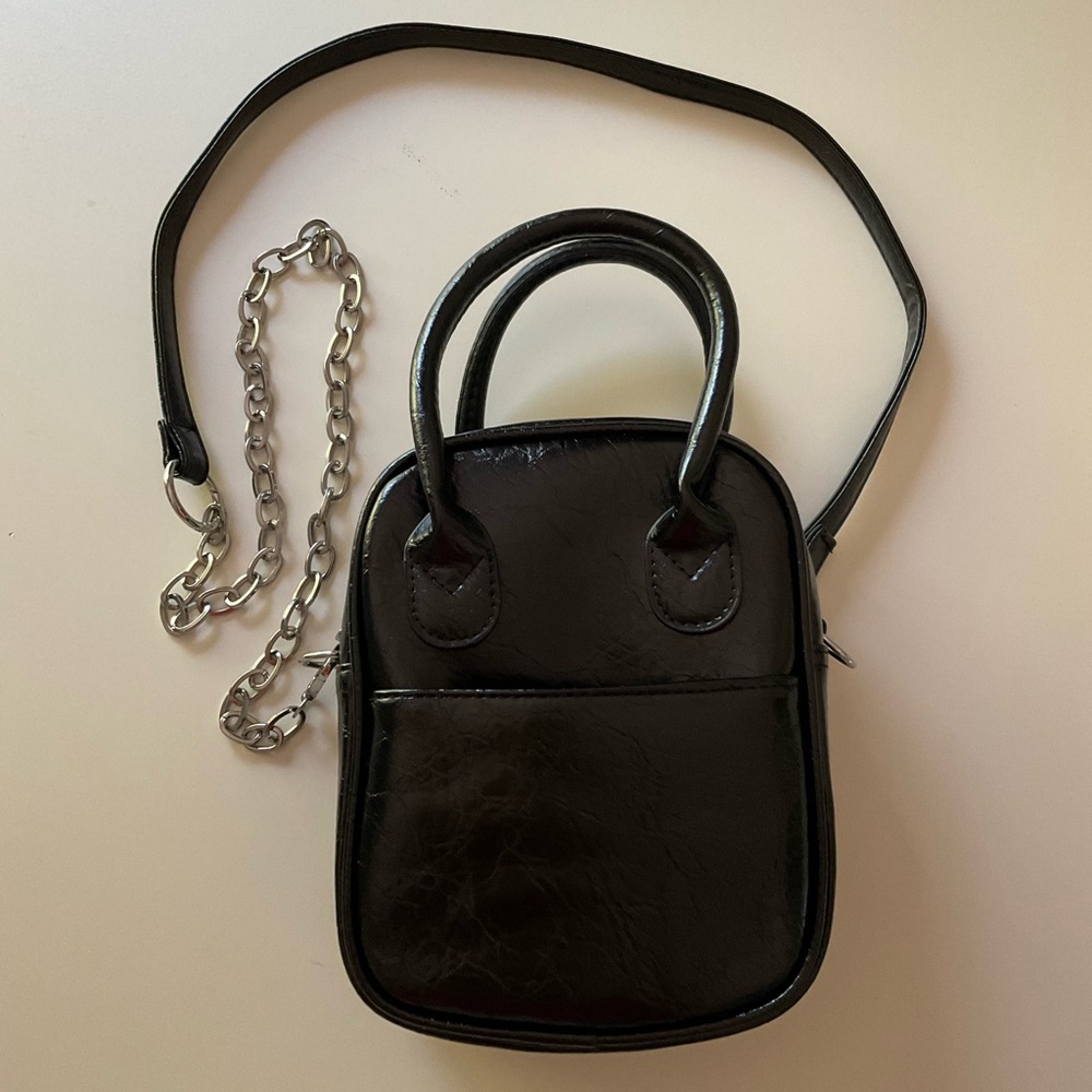 NEW Black Faux Soft Patent Leather Bag Purse Handles Crossbody Chain Strap